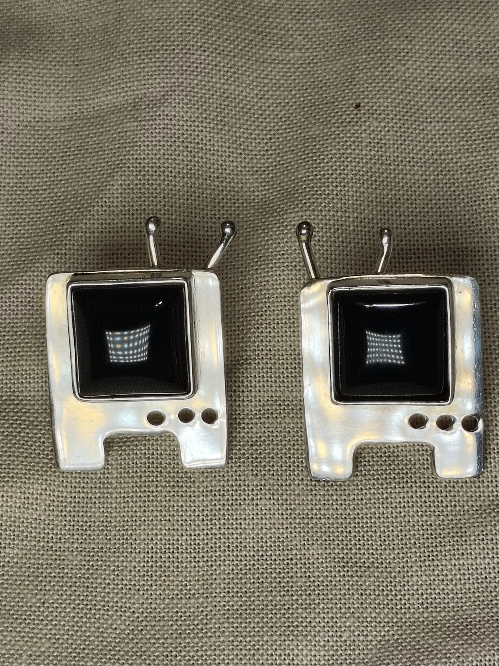 VTG David J Liska DJL Sterling Silver Retro TV Onyx Enamel Statement Earrings